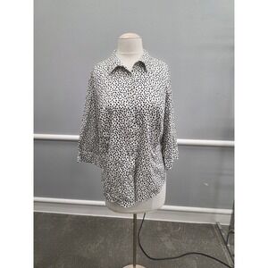 Apt 9 White Black Dotted Print Button Down Shirt 3/4 Sleeve Cotton Blouse 2X